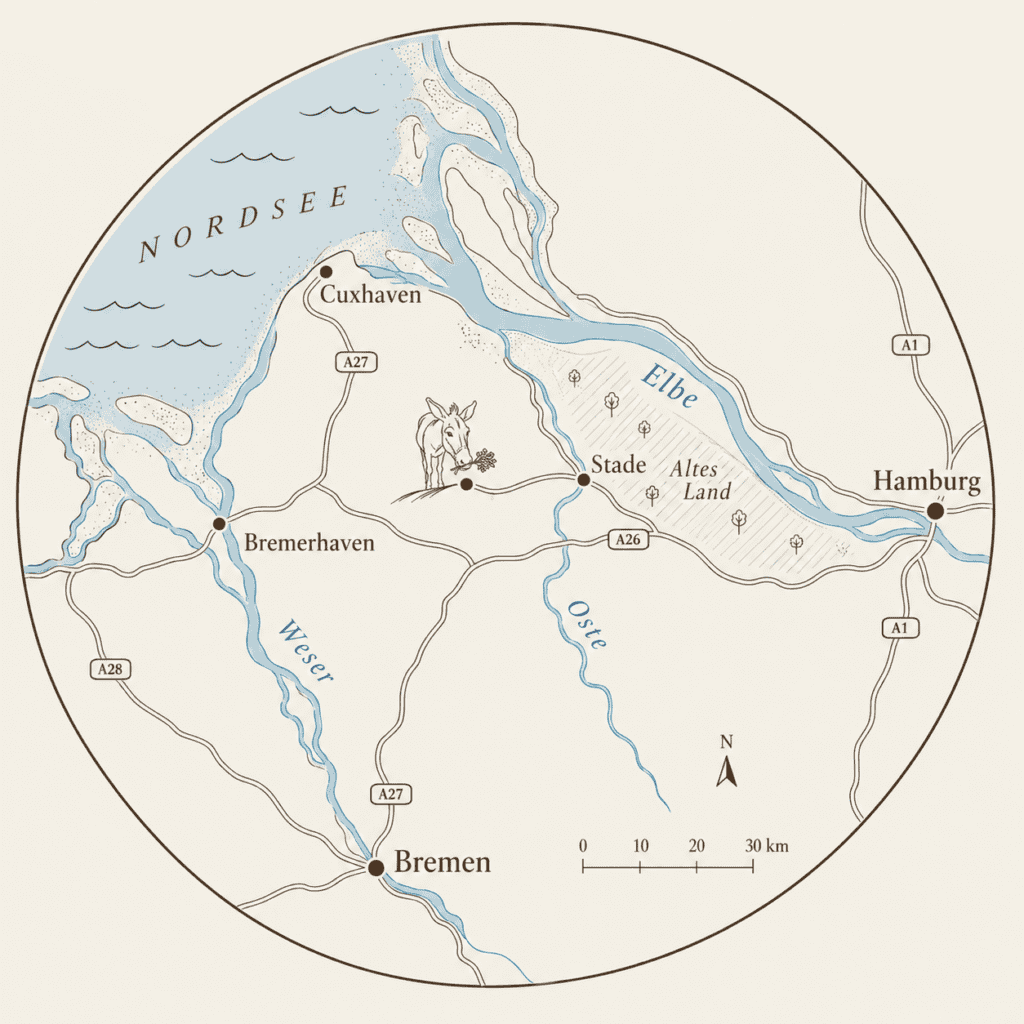 Stilisierte Karte des Hofes zwischen Hamburg, Cuxhaven und Bremen