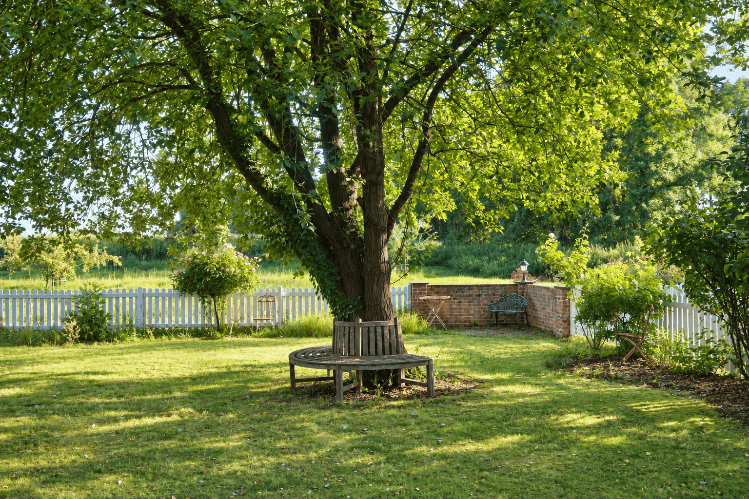 Alter Baum im Gästegarten mit umlaufender Sitzbank