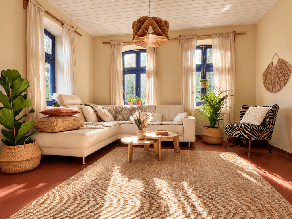 Sofalandschaft im Wohnzimmer vor den Fenstern